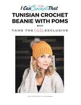 Woman wearing a yellow Tunisian crochet beanie with poms, with text about the product and brand.