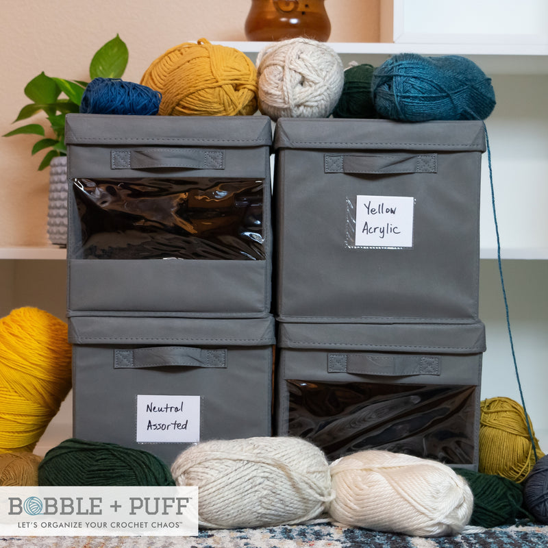 YARNstashr™ Fabric Storage Bins - 4 Pack - by Bobble + Puff - 10.5 x 10.5 Storage Cubes Ideal for Yarn Storage, Crochet Stuff, More!