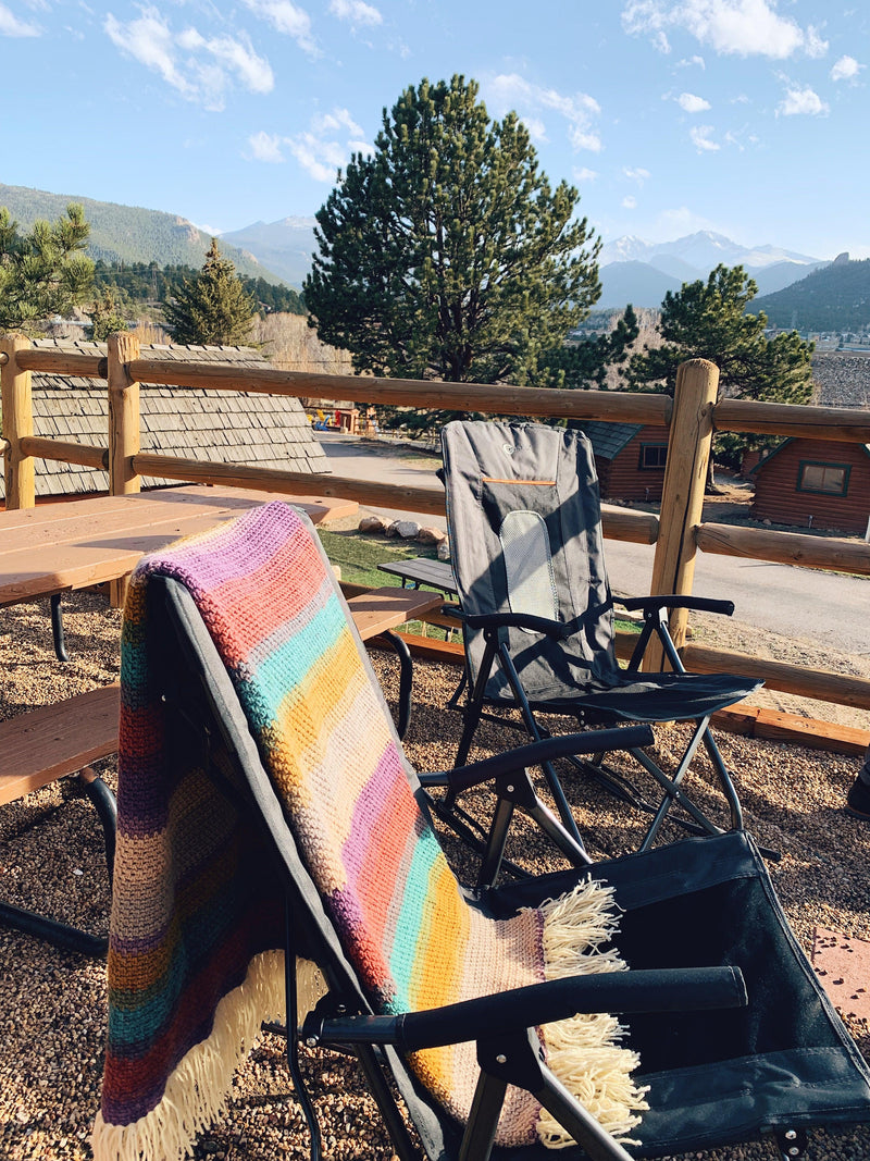 Crochet Camping Blanket Pattern in the mountains