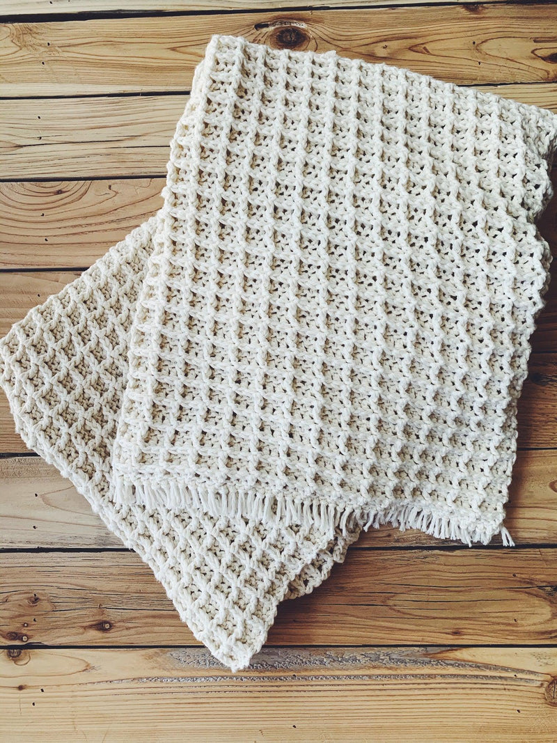 Waffle Stitch Fringed Blanket Crochet Pattern